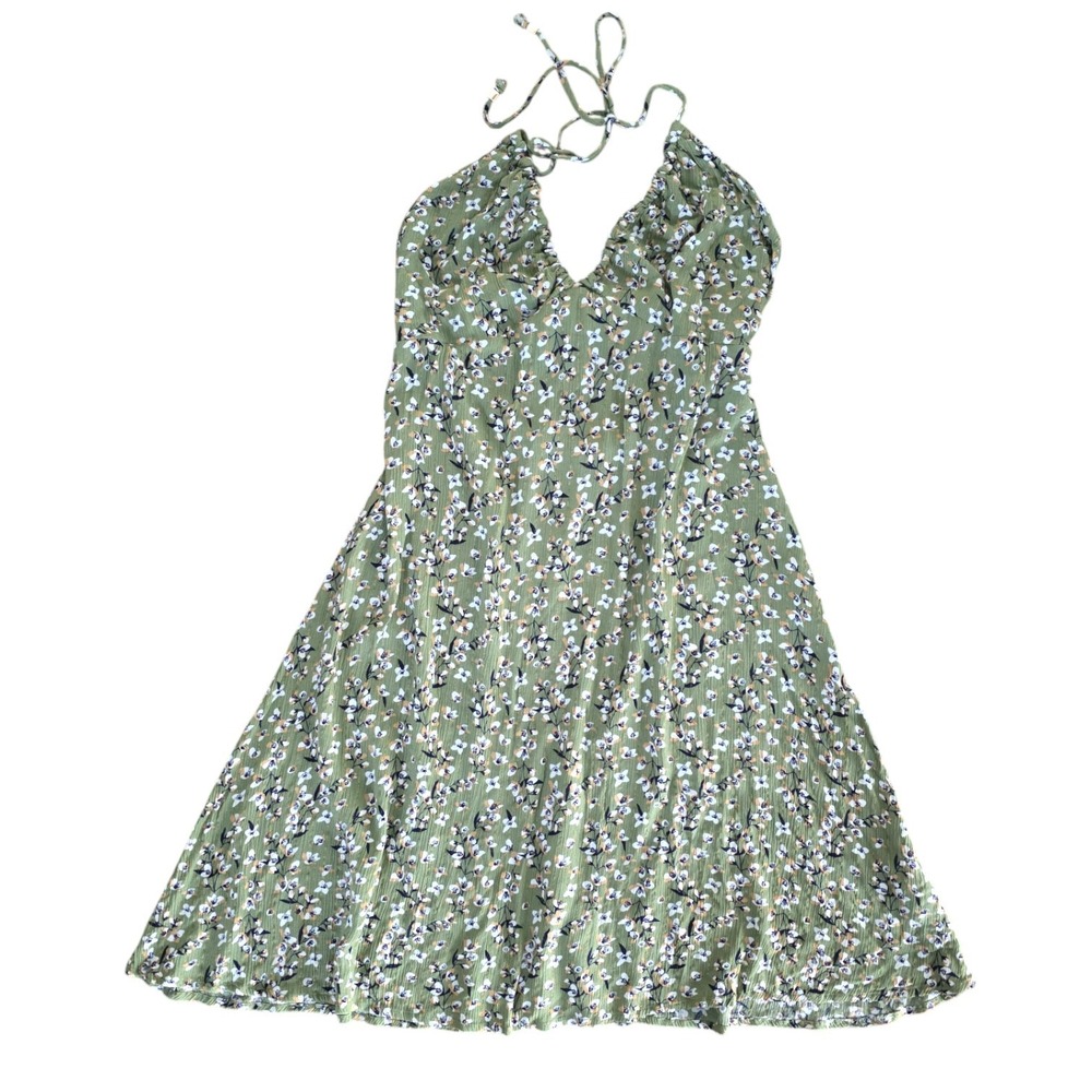 AMIANI Green Floral Back Cutout Halter A-Line‎ Mini Dress G Large